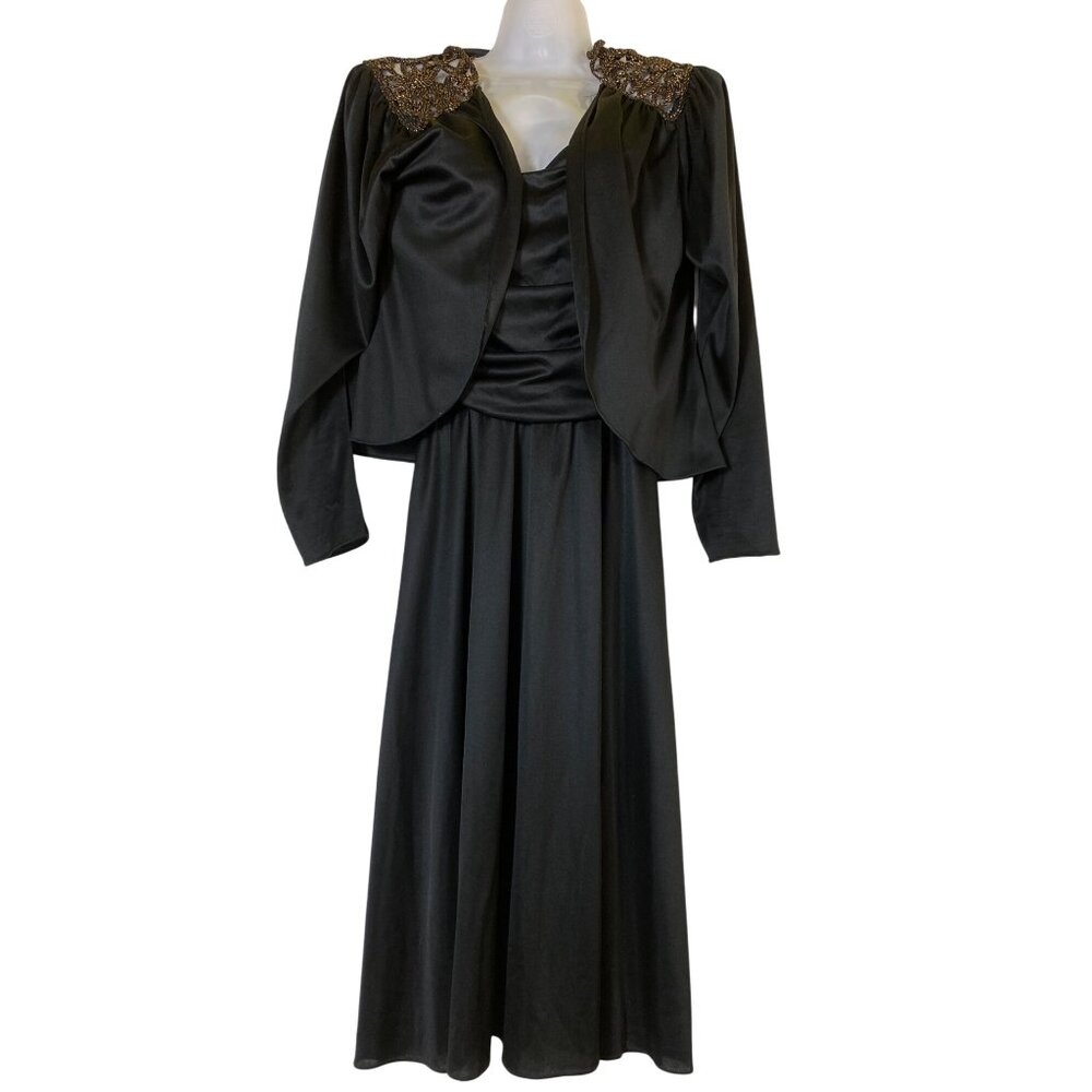 Vintage Black Evening Dress & Jacket Set Size 9-10 Disco Eighties Retro Sexy